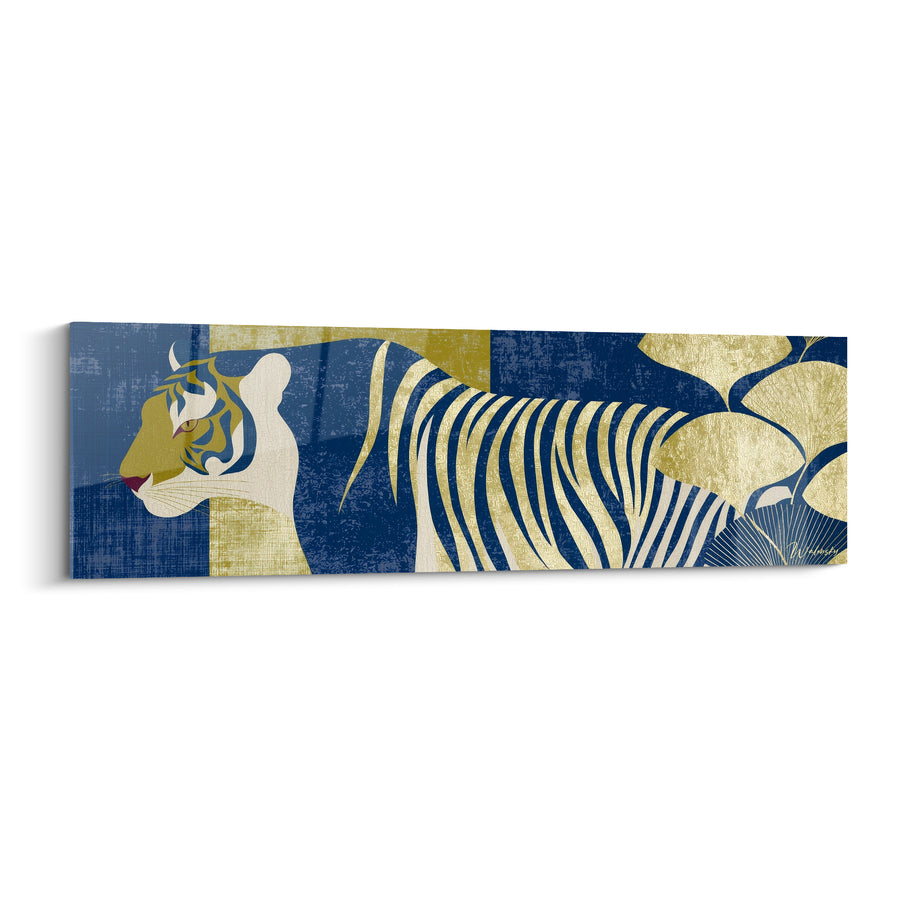 Tableau Tigre bleu marine et doré aux feuilles de ginkgo - Silhouette au profil ivoire - Edition Tigre