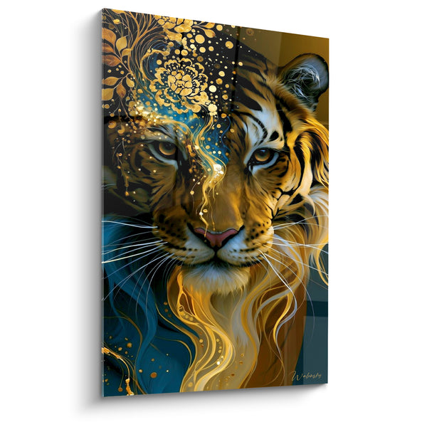 Tableau Tigre doré et bleu pétrole fleur ornementale - Coulures dorées fluides - Edition Tigre