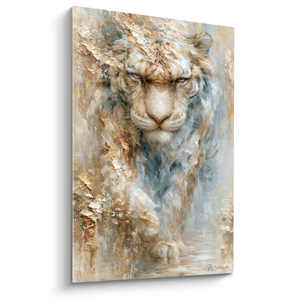 Tableau Tigre doré et bleu pastel texturé - Émergence silencieuse - Edition Tigre