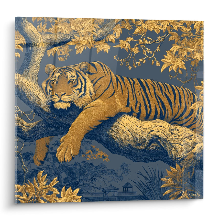Tableau Tigre Allongé sur Branche Dorée et Bleue - Sérénité Majestueuse - Edition Tigre