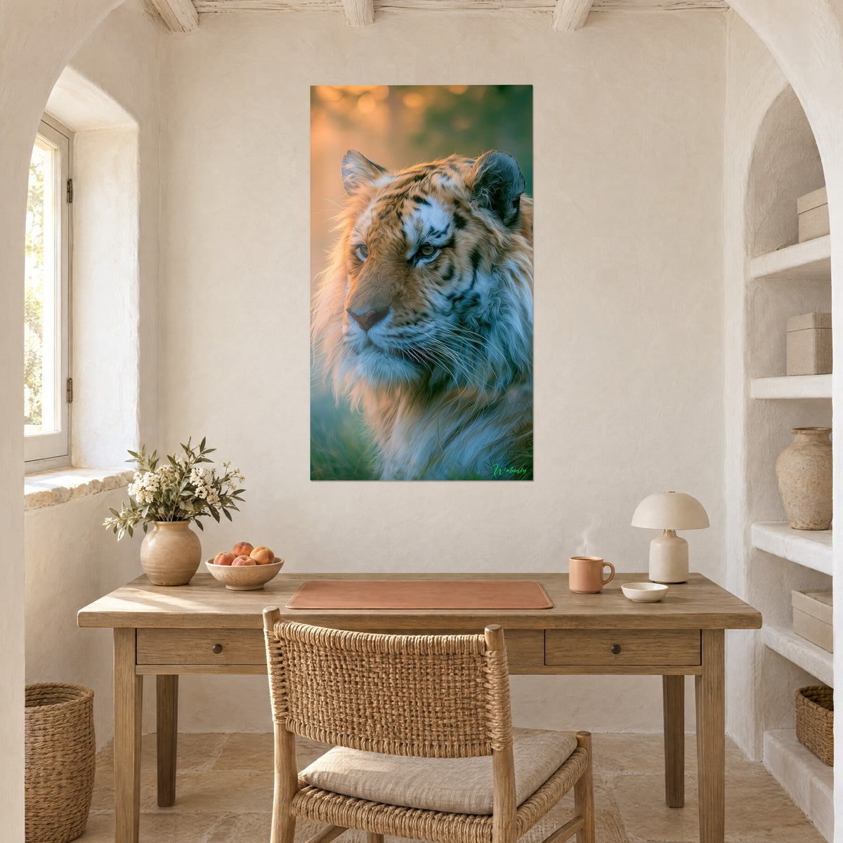 Tableau portrait de tigre au museau rose, oreille sombre ourlée, fond ambre et vert, au-dessus d'un bureau en bois clair
