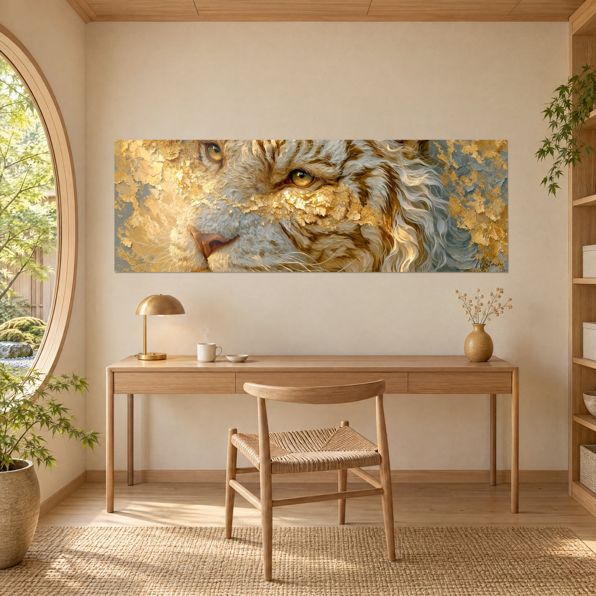 Tableau visage de tigre sculpté de feuilles d'or sur fond gris-bleu, au-dessus d'un bureau en chêne et lampe de laiton