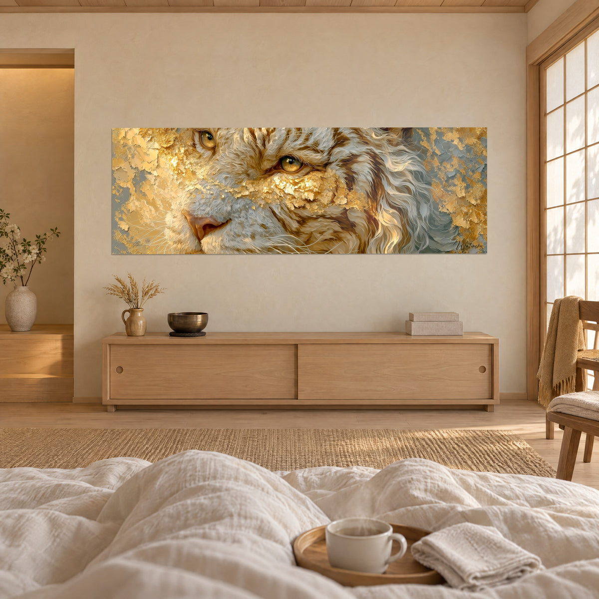 Tableau regard de tigre aux paillettes d'or, pelage crème et gris perle, au-dessus d'un lit dans une chambre claire