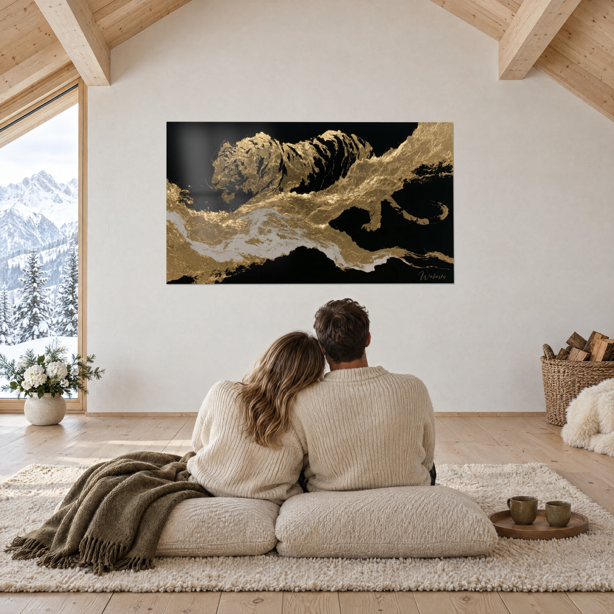 Tableau panthère dorée aux reflets ambrés, fond noir intense, contemplé par un couple de dos assis sur des coussins, chalet