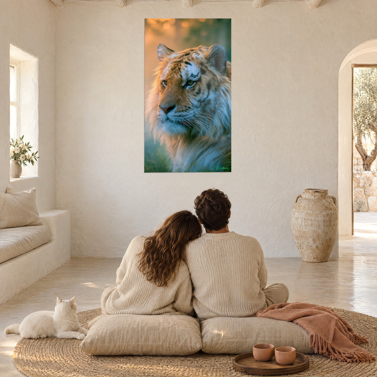 Tableau tête de tigre ocre et bleu givré, regard d'or, au mur d'un salon voûté blanc, tapis de jute et coussins crème