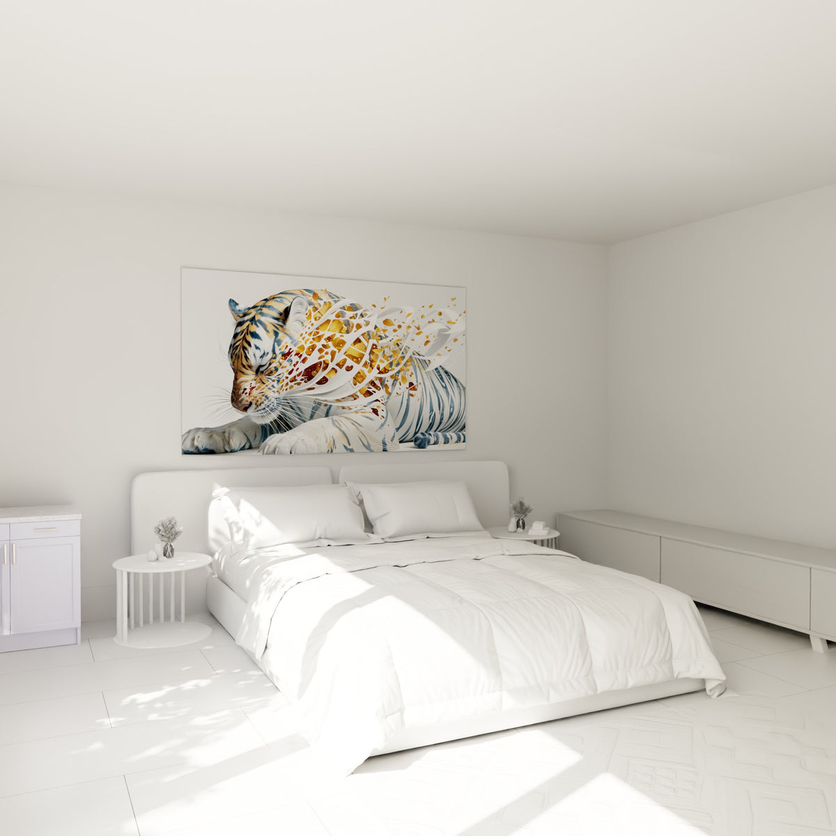 Félin apaisé mêlant blanc, ocre et bleu ardoise, accroché au-dessus d'un lit dans une chambre claire