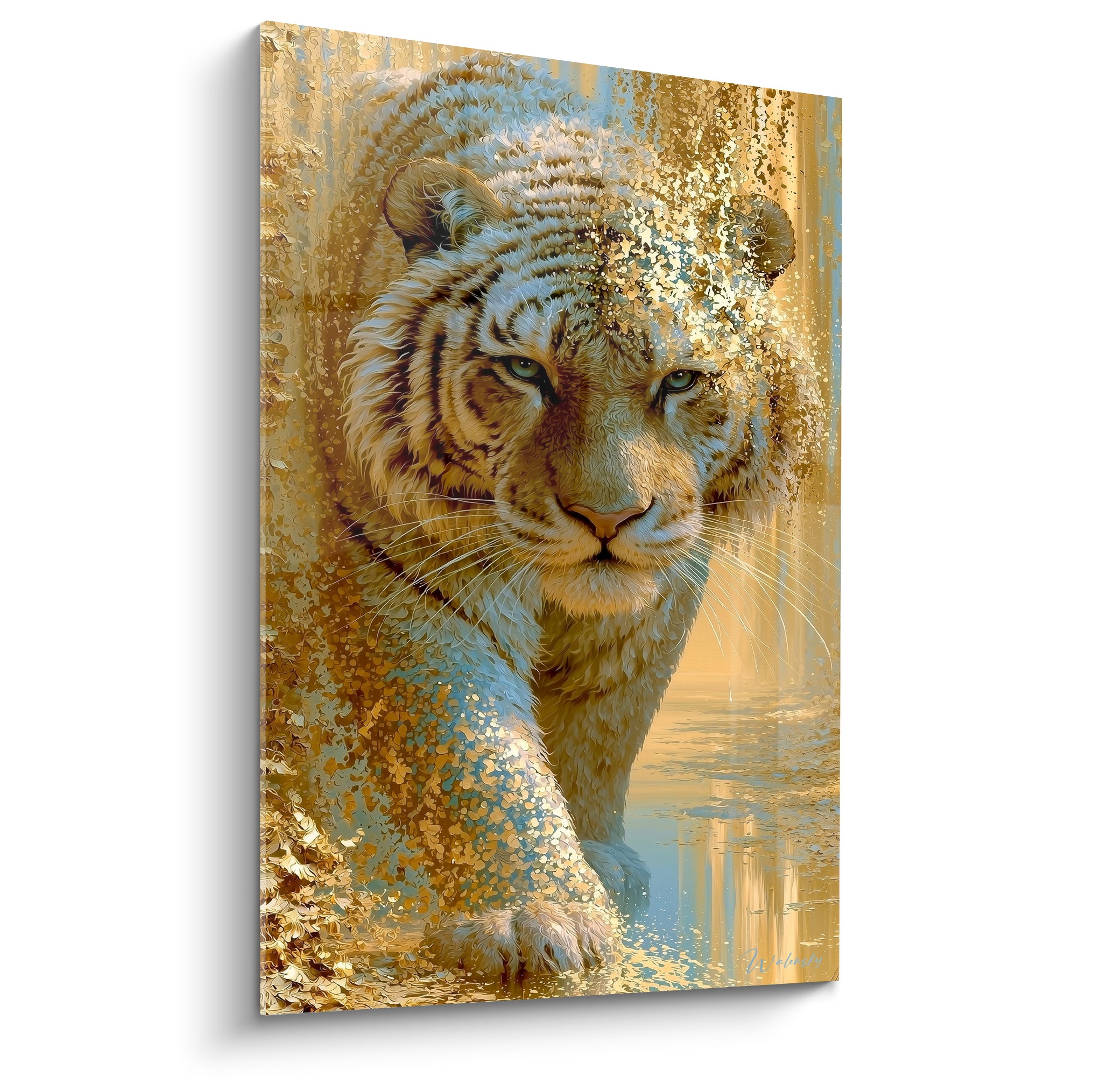 Tigre doré au regard bleu-vert, corps se dissolvant en éclats dorés et bruns sur fond pastel
