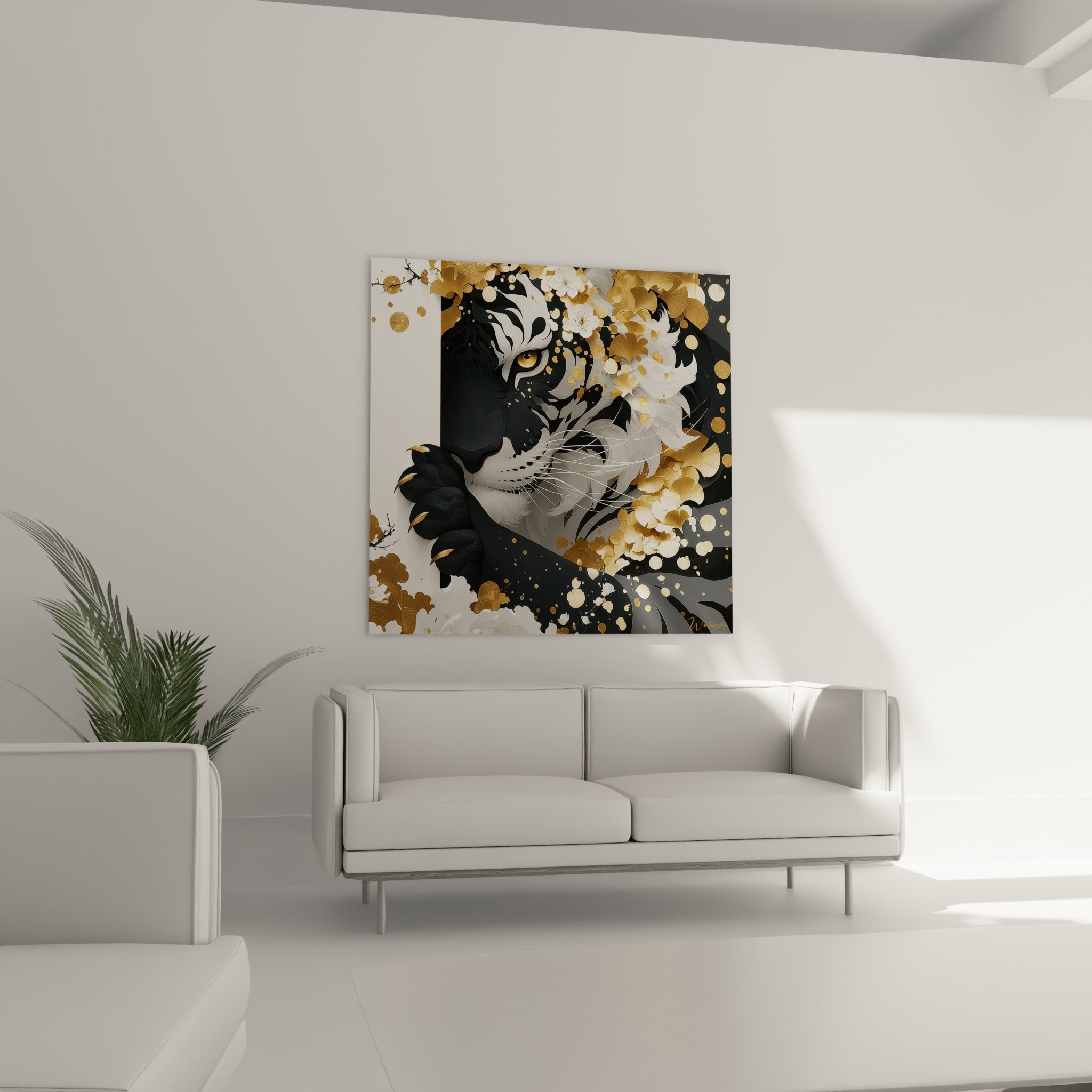Fauve noir aux yeux dorés cerné de pétales blancs, positionné au-dessus d'un canapé dans un salon lumineux