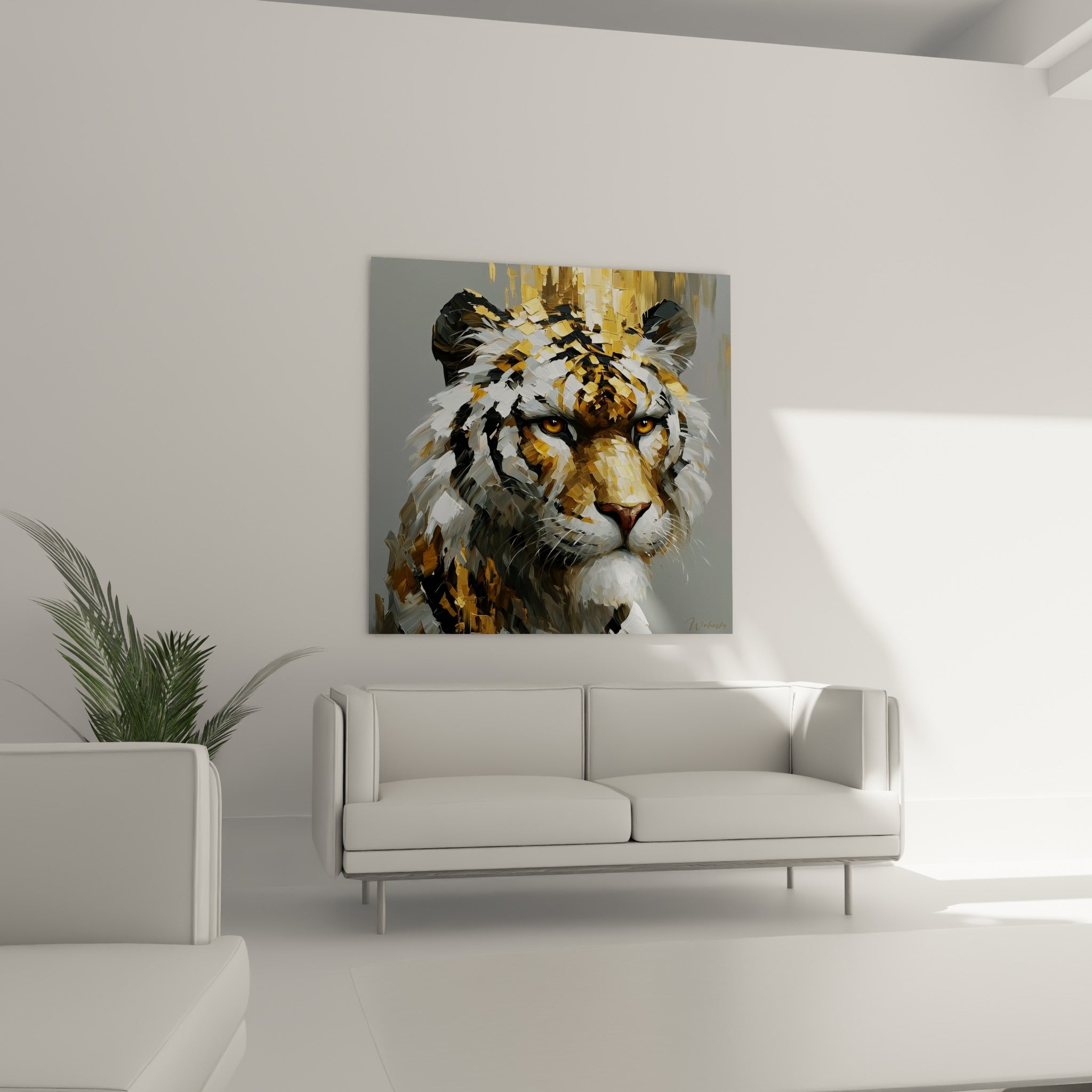 Portrait de tigre aux touches noires et dorées suspendu au-dessus d'un canapé dans un salon lumineux