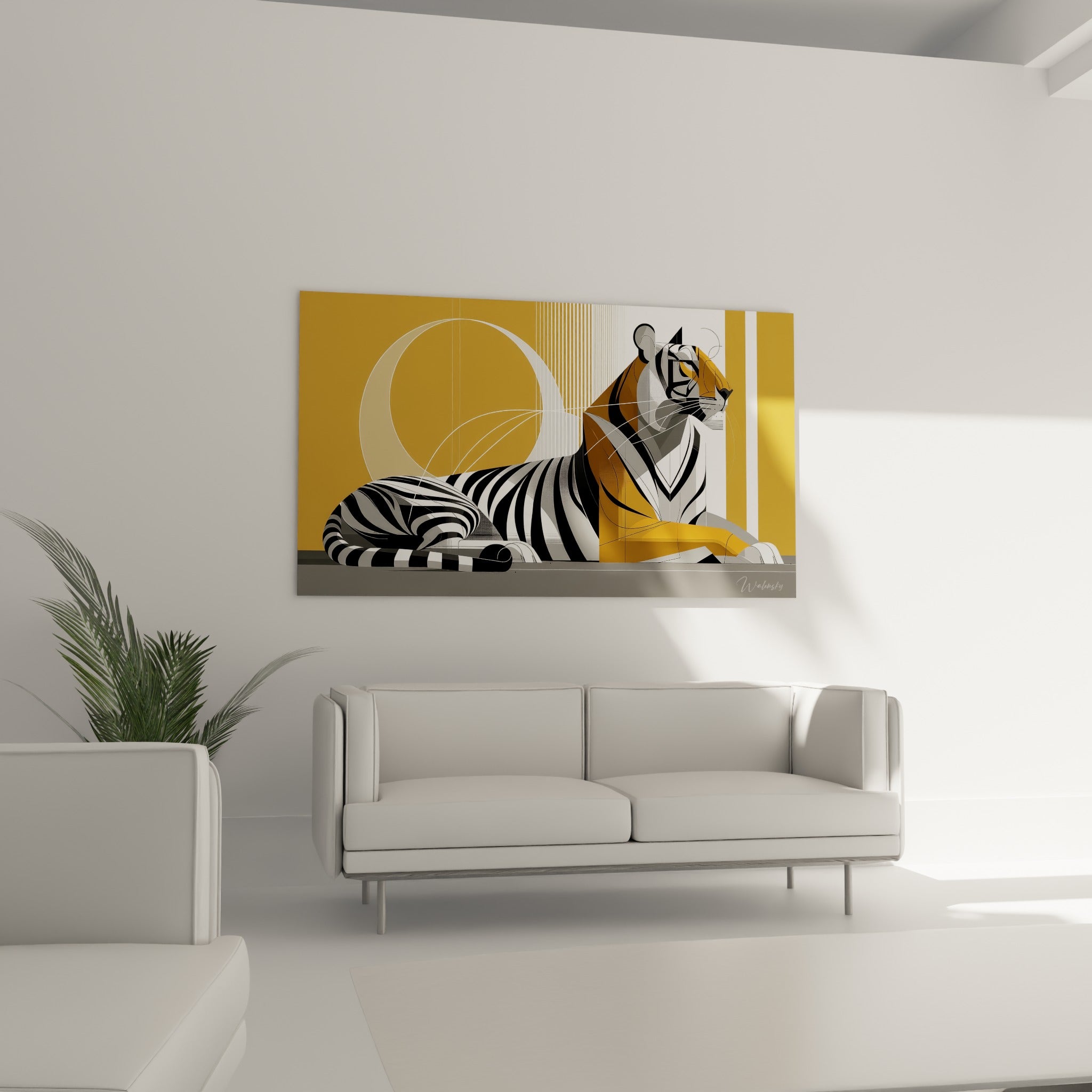 Silhouette féline graphique dorée et noire disposée au-dessus d'un canapé dans un salon lumineux
