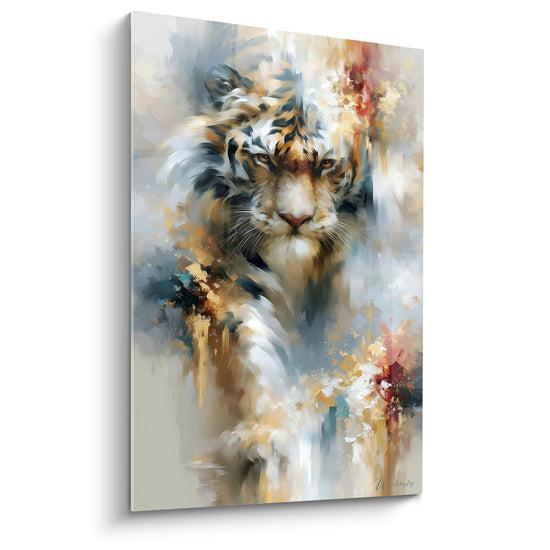 Tigre doré au regard ambré, rayures noires et coulures bleu ardoise, fond abstrait blanc et rouge