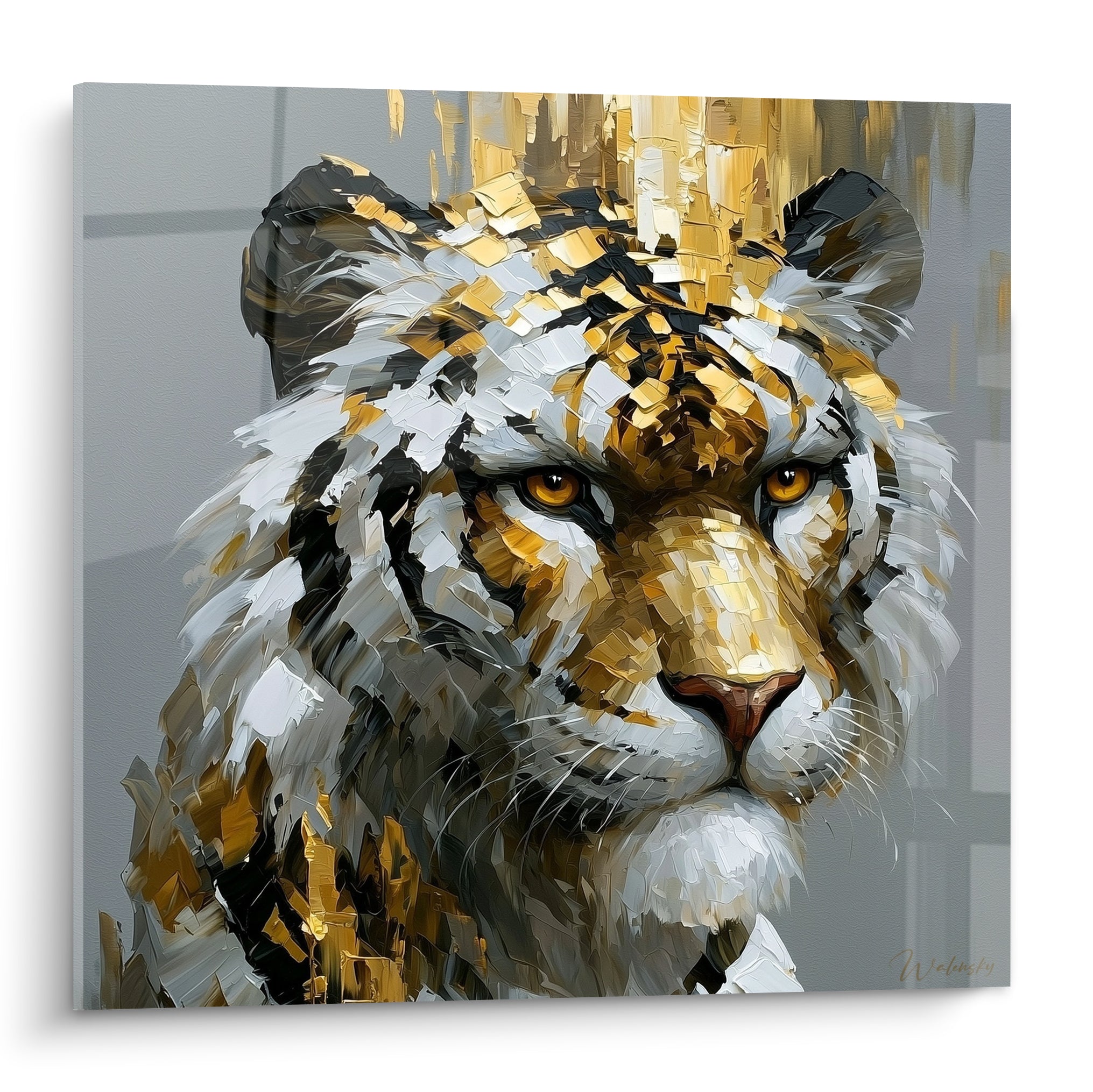 Tigre au regard ambré intense, fourrure dorée et anthracite peinte en empâtements épais sur fond gris