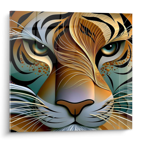 Tigre doré aux rayures sculptées, regard bleu-gris perçant sur fond anthracite texturé.