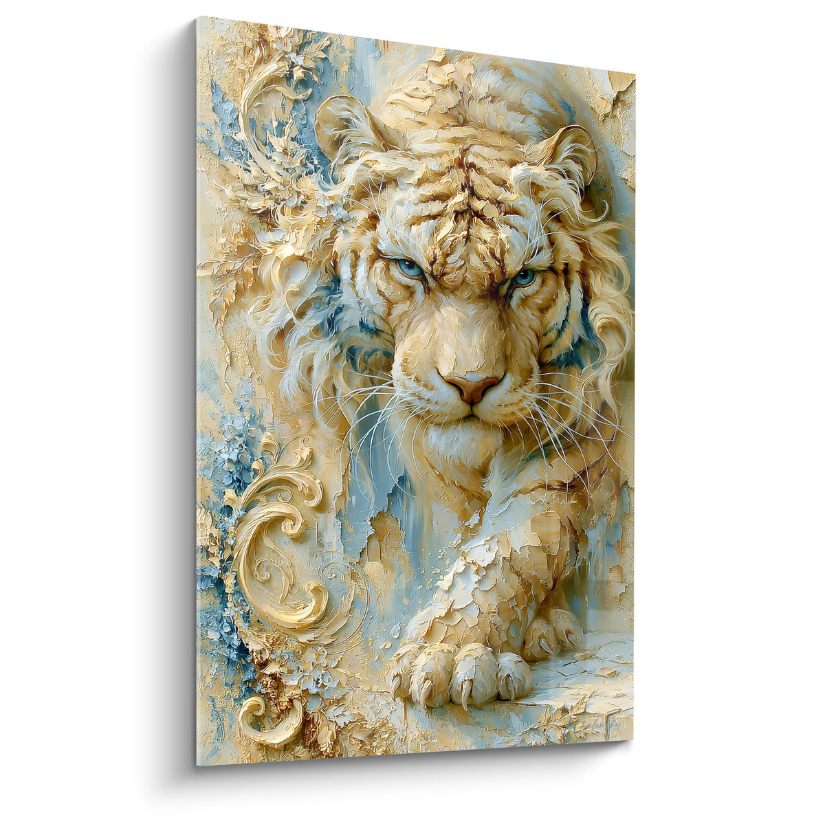Tigre doré avance le regard bleu perçant, fourrure texturée et volutes bleu pastel ornementales