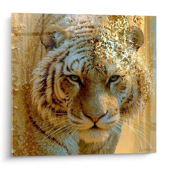 Tigre doré au regard bleu-vert perçant, pelage se dissolvant en éclats scintillants sur fond ocre