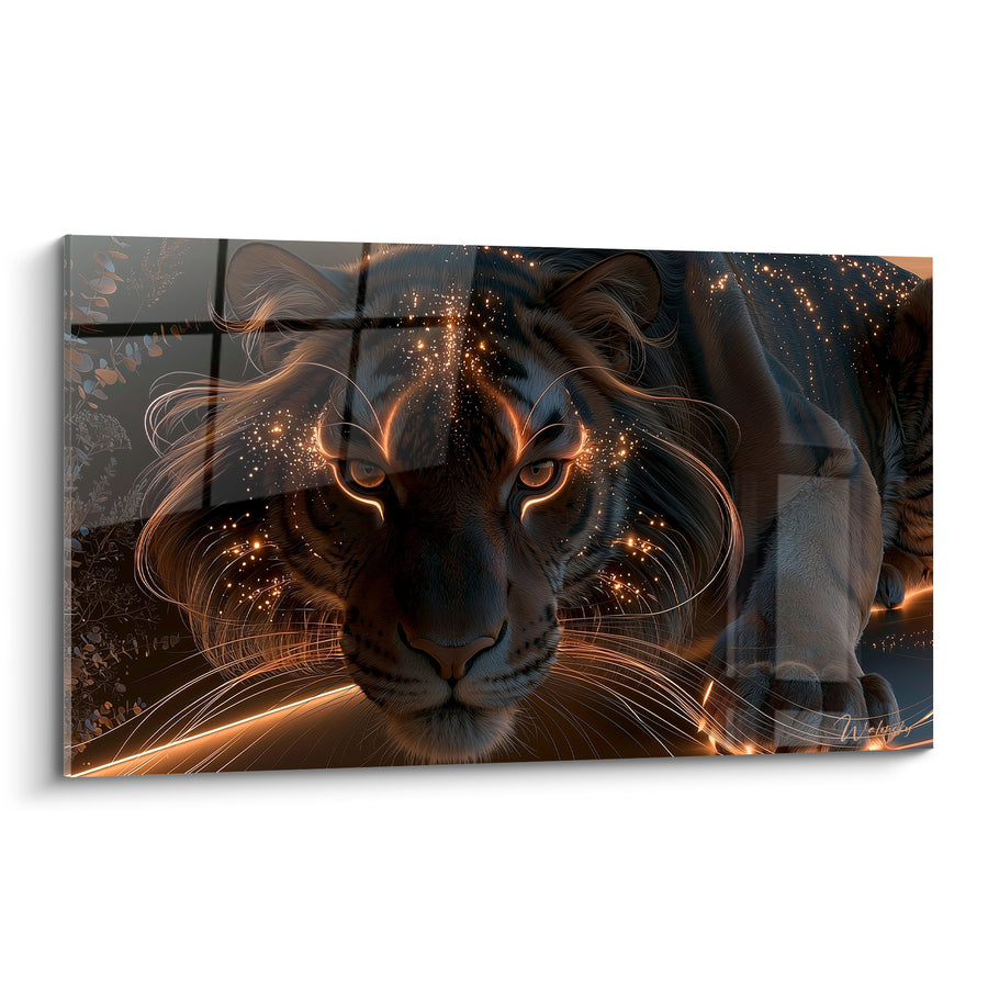 Tableau Tigre couché aux étincelles dorées - Veille nocturne embrasée - Edition Tigre