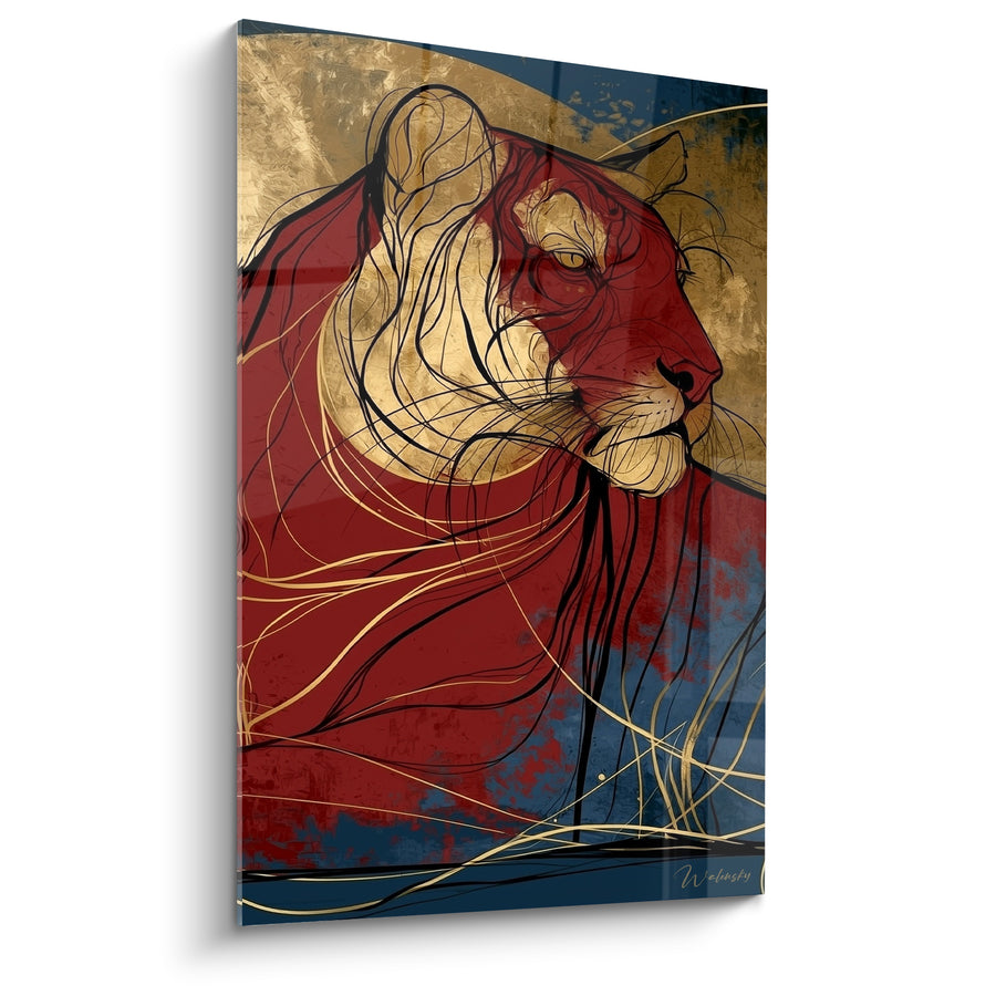 Tableau Tigre doré aux traits rouge et bleu - Regard félin doré - Edition Tigre
