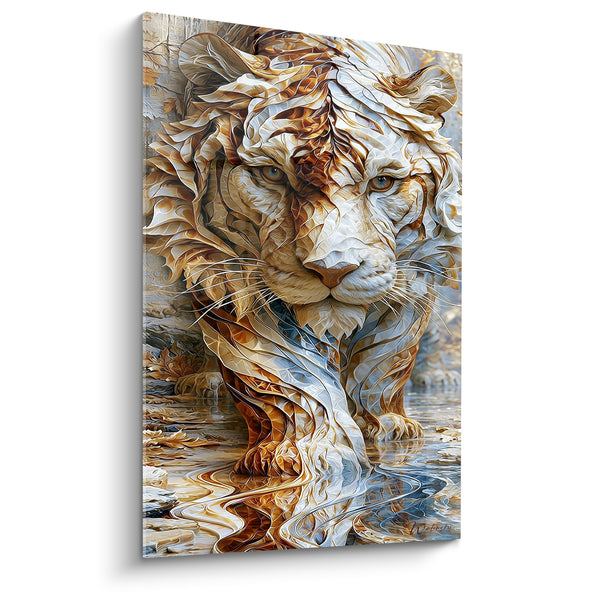 Tableau Tigre blanc et fauve entrant dans l'eau - Reflets liquides sculptés - Edition Tigre
