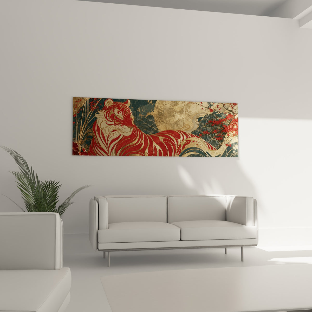 Félin rouge et doré sous une lune ocre entouré de fleurs de cerisier, au-dessus d'un canapé dans un salon lumineux