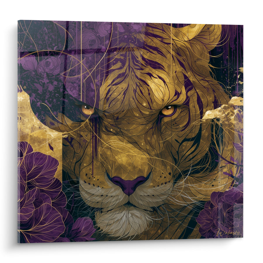 Tableau Tigre doré aux fleurs violettes - Regard des pétales - Edition Tigre