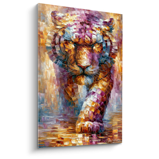 Tableau Tigre mauve et doré avançant dans l'eau - Reflet aquatique mordoré - Edition Tigre