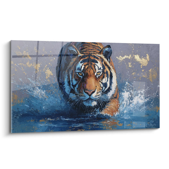 Cuadro de tigre emergiendo del agua en un torbellino azul y dorado - Poder Acuático - Edición Tigre