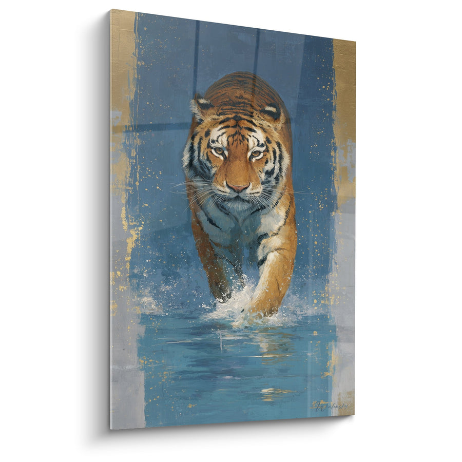 Tiger-Kunstwerk durchquert Wasser mit goldenen Spritzern auf blauem Grund - Aquatische Kraft - Tiger Edition