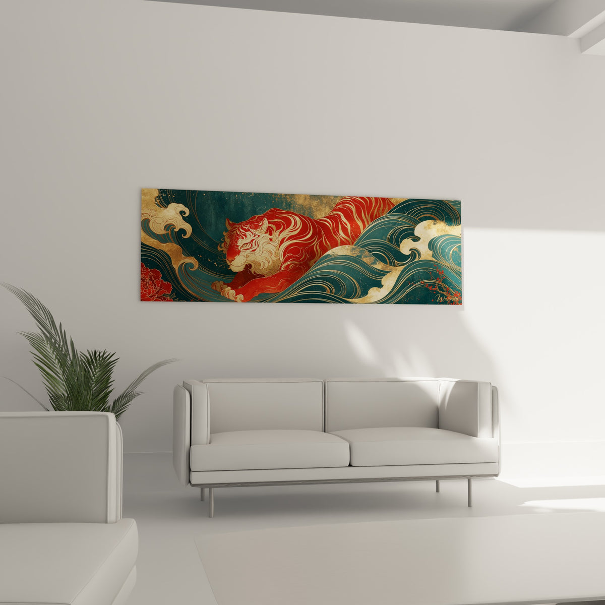 Silhouette rouge du tigre entourée de vagues bleu marine et dorures, au-dessus d'un canapé dans un salon lumineux