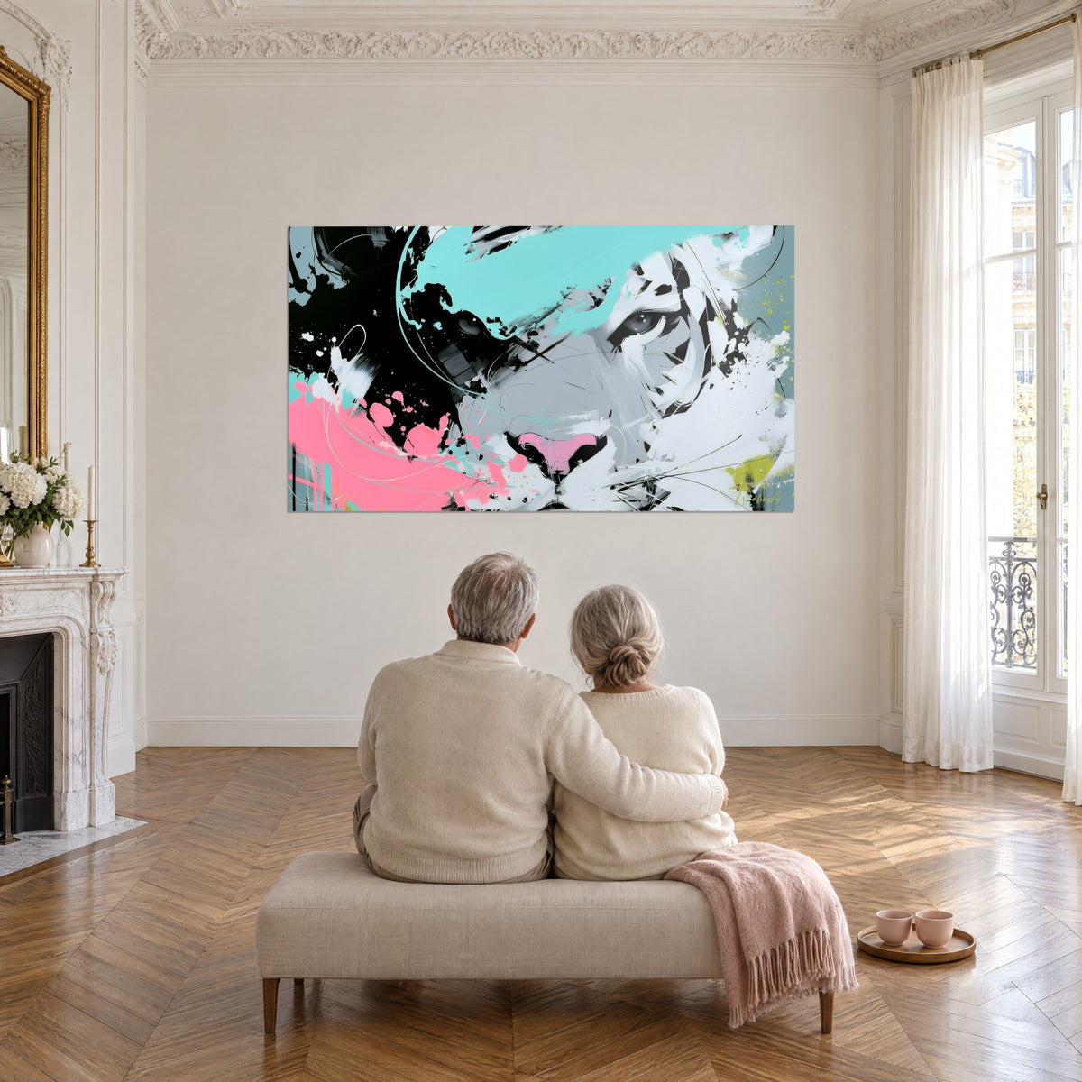 Schilderij van een grote zwart gestreepte roofkat met turquoise, roze en anijsgroene glanzen, gezien vanaf een bank in een Haussmann-achtige woonkamer