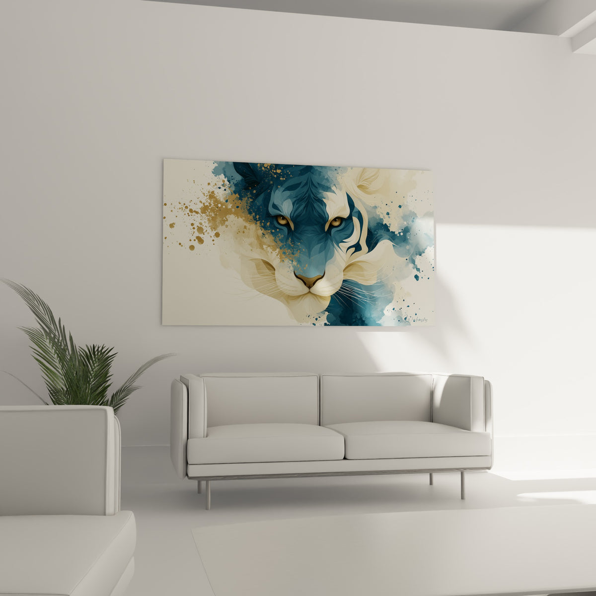 Yeux ambrés du tigre traversant une brume ocre et bleu marine au-dessus d'un canapé dans un salon lumineux