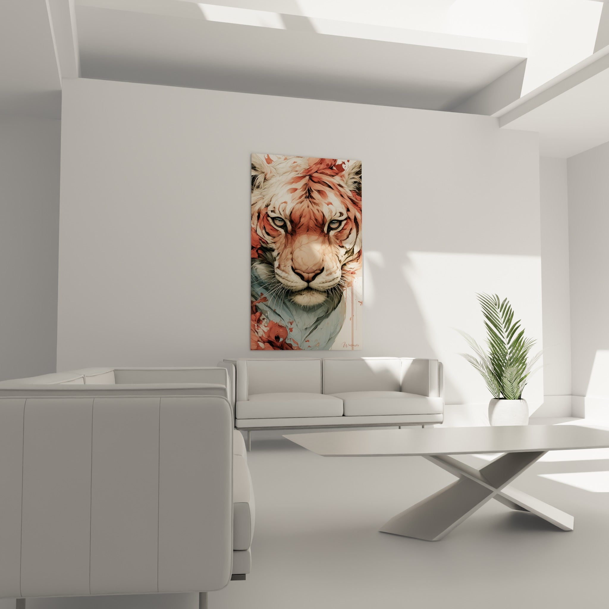 Portrait de tigre rose corail et bleu pastel, moustaches blanches visibles, au-dessus d'un canapé dans un salon lumineux