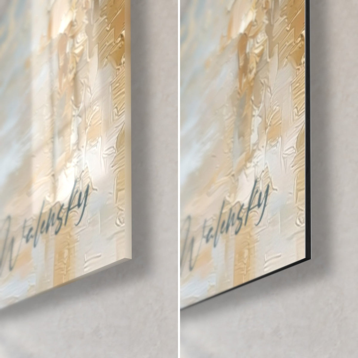 Wall art Golden tiger in pastel blue, bottom right corner: glossy glass on the left, matte black Dibond on the right, 3 mm edge