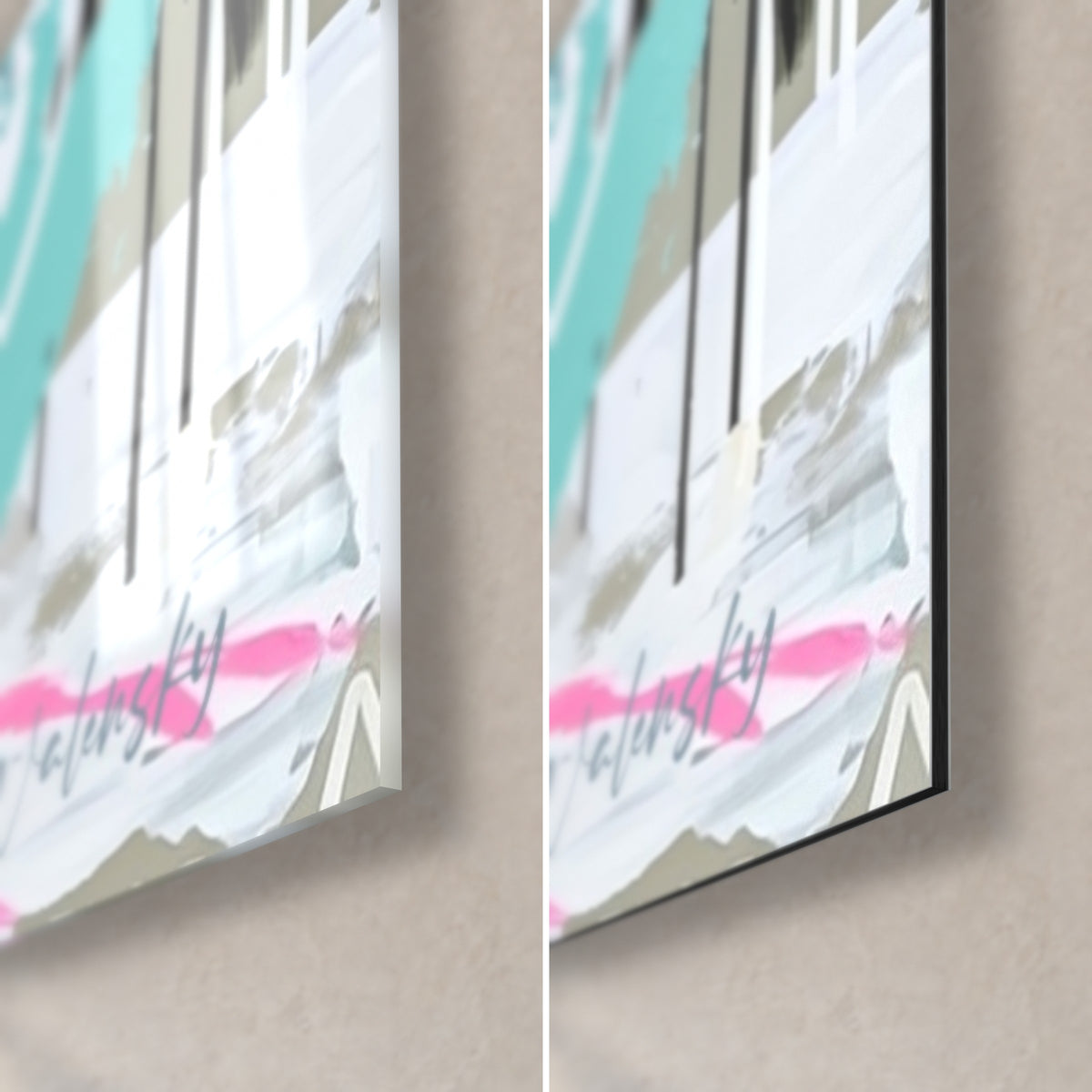 Schilderij Witte en turquoise tijger, rechtsonder: glanzend glas links, mat Dibond rechts, roze druipsporen en fijne rand