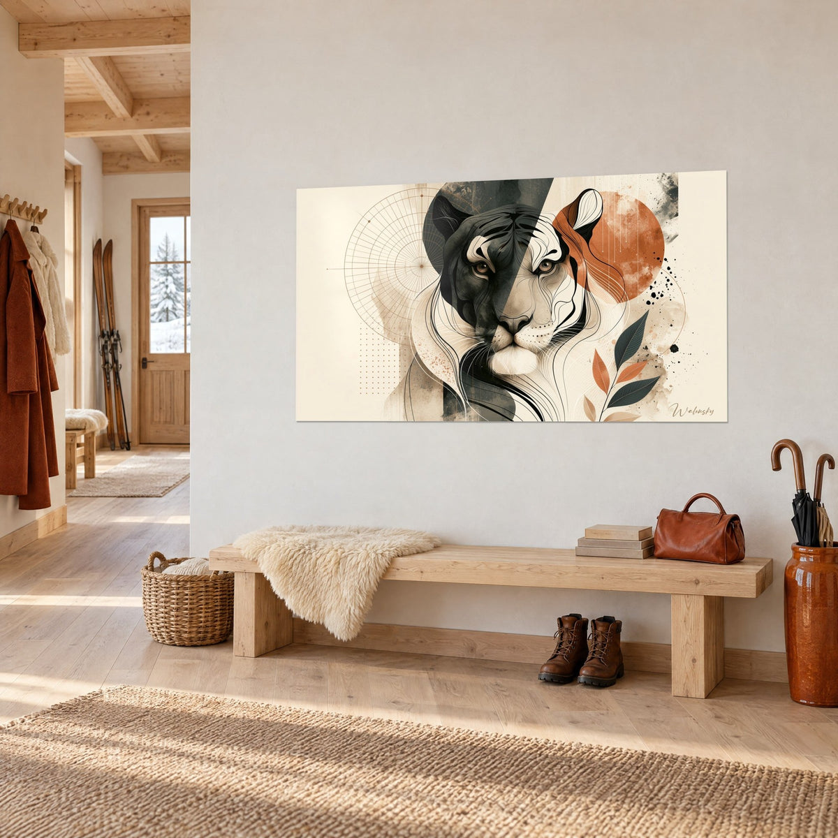 Gemälde Tiger mit bernsteinfarbenen Augen, zur Hälfte dunkel und zur Hälfte elfenbeinfarben, kupferfarbener Mond, an einer weißen Holzchalet-Wand