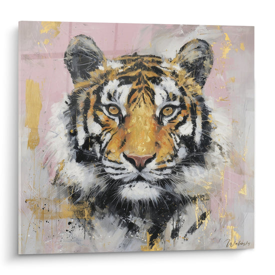Tableau tigre expressionniste avec touches dorees sur fond rose, regard intense aux yeux ambres, peinture contemporaine