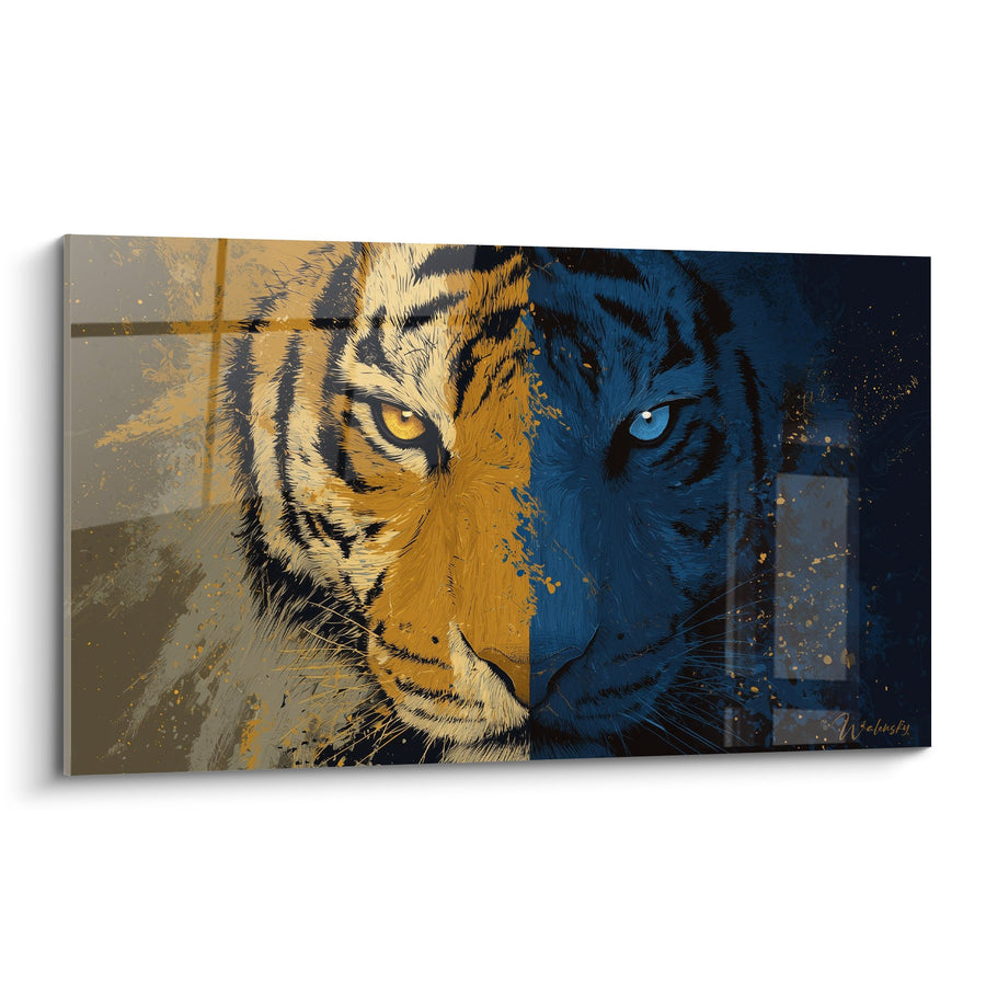 Tableau Face de Tigre Bicolore Orange et Bleu aux Yeux Perçants - Dualité Sauvage - Edition Tigre