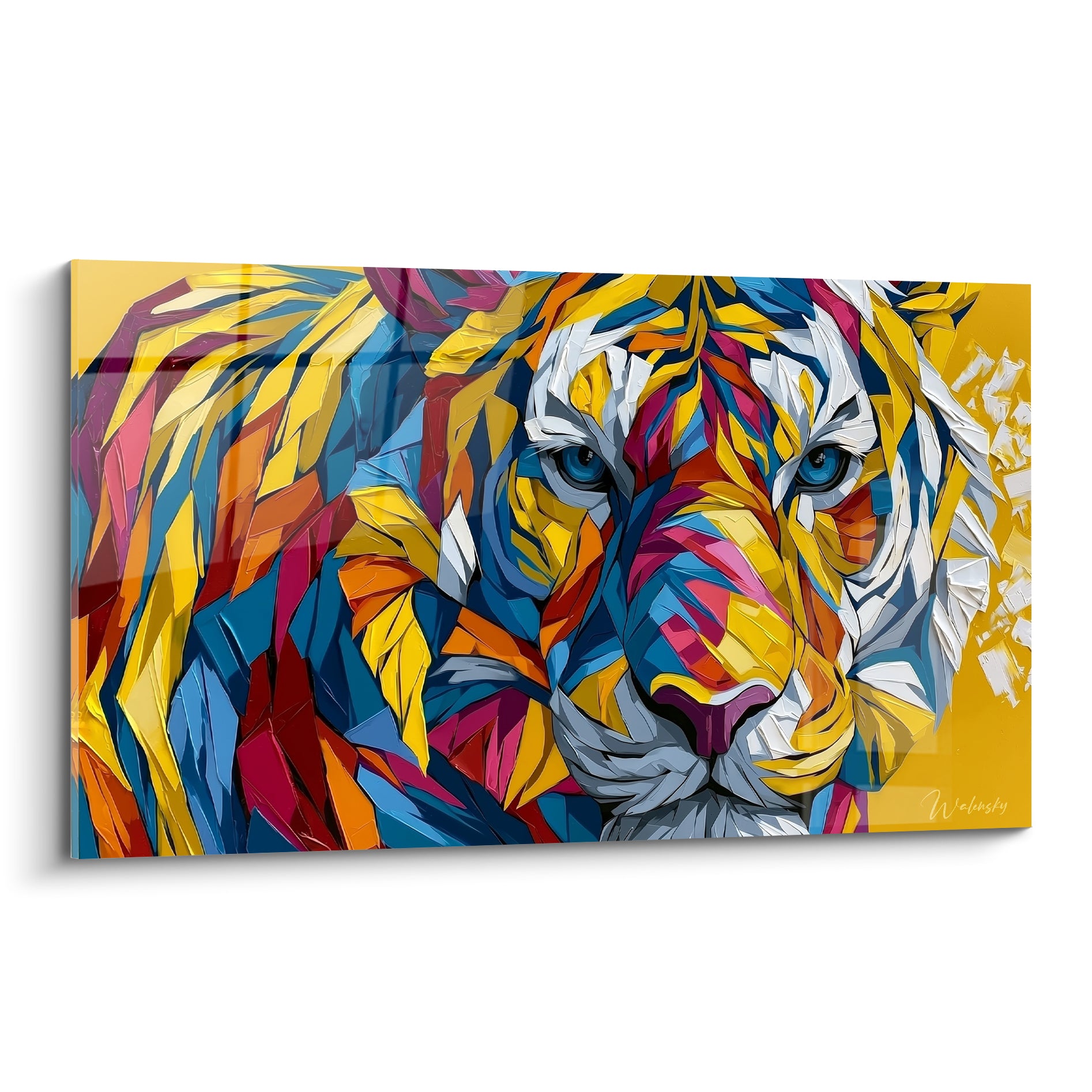 Tigre au regard bleu perçant, museau blanc, pelage fragmenté jaune, bleu et fuchsia façon vitrail