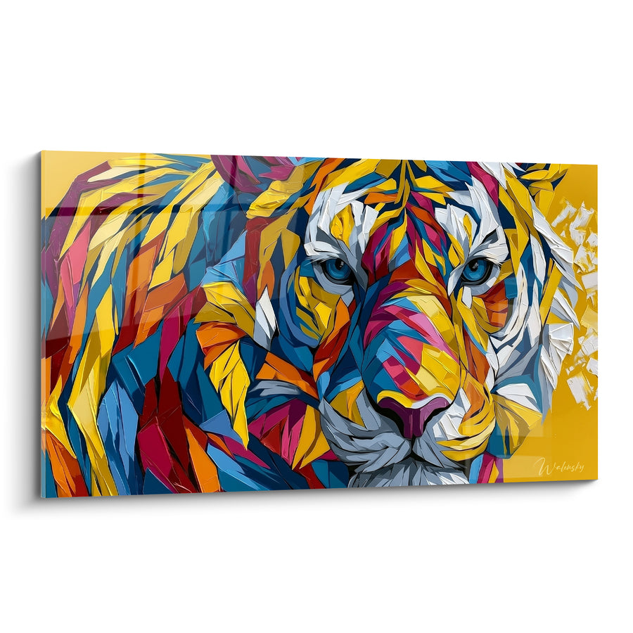 Tableau Tigre jaune et bleu aux fragments cristallins - Éclats de vitrail - Edition Tigre
