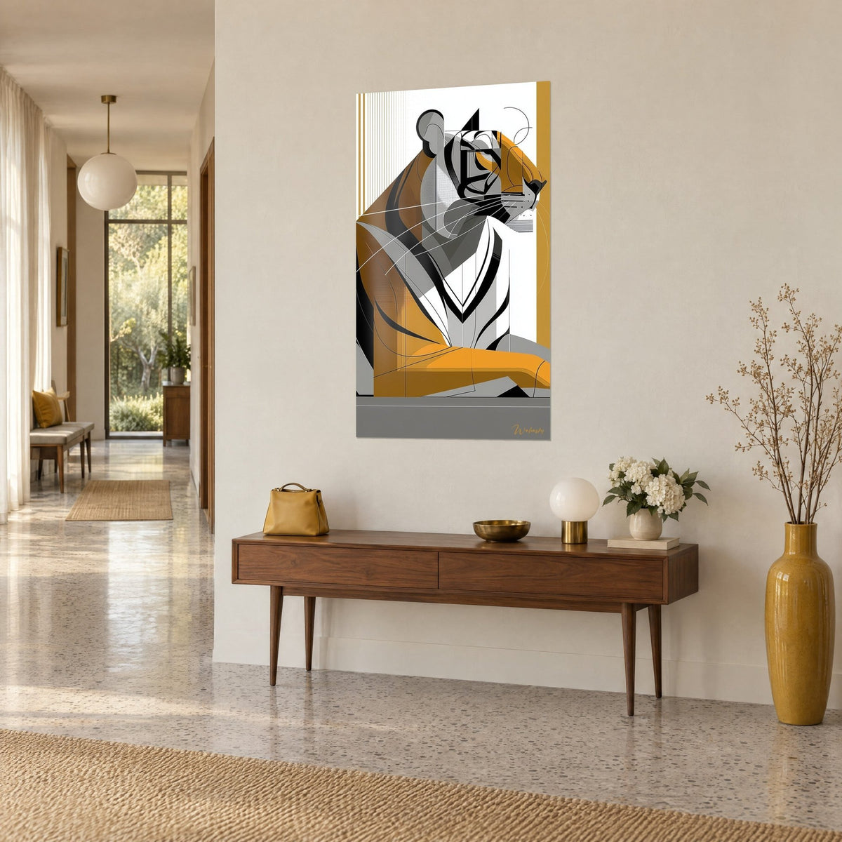 Wall art stylised big cat in ochre, black and white blocks, facing gold vertical stripes, on a beige wall of a bright hallway
