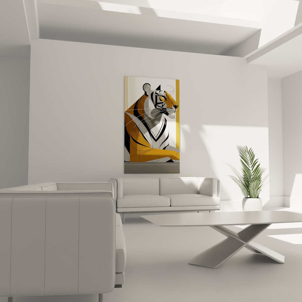 Tigre facetté doré et noir au regard tourné, placé au-dessus d'un canapé dans un salon lumineux