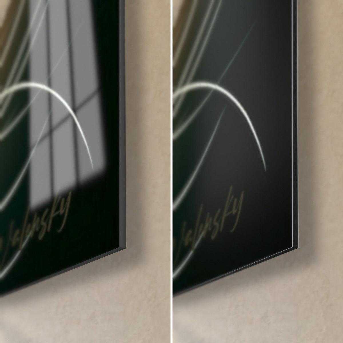 Wall art tiger with long white whiskers on black background, bottom right corner, glossy glass on the left, matte Dibond, 3 mm edge