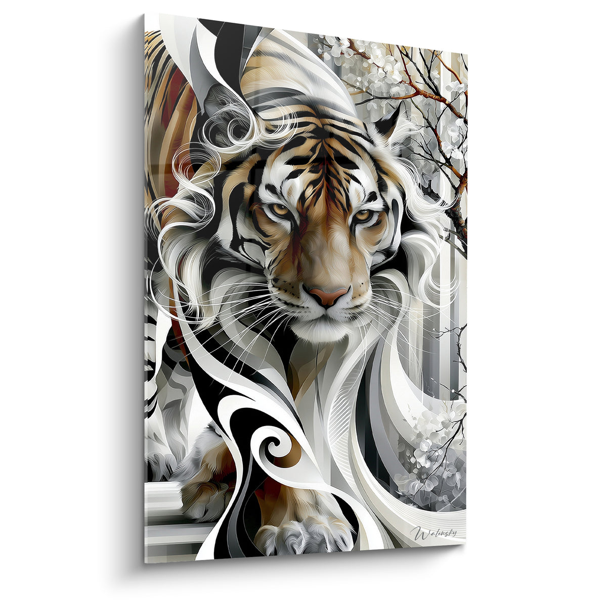 Tigre fauve aux yeux perçants, rayures noires et volutes blanches sur fond gris rayé