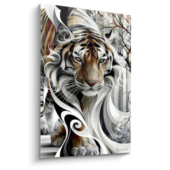 Tigre fauve aux yeux perçants, rayures noires et volutes blanches sur fond gris rayé