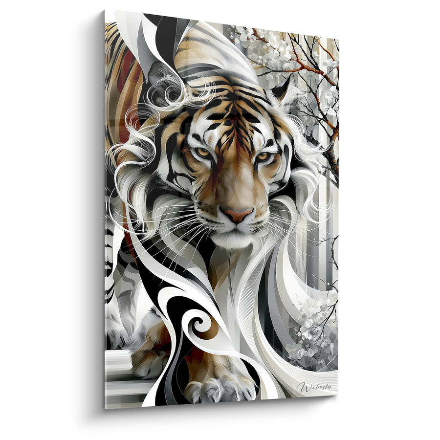 Tableau Tigre fauve et blanc branches fleuries - Regard qui traverse l'hiver - Edition Tigre