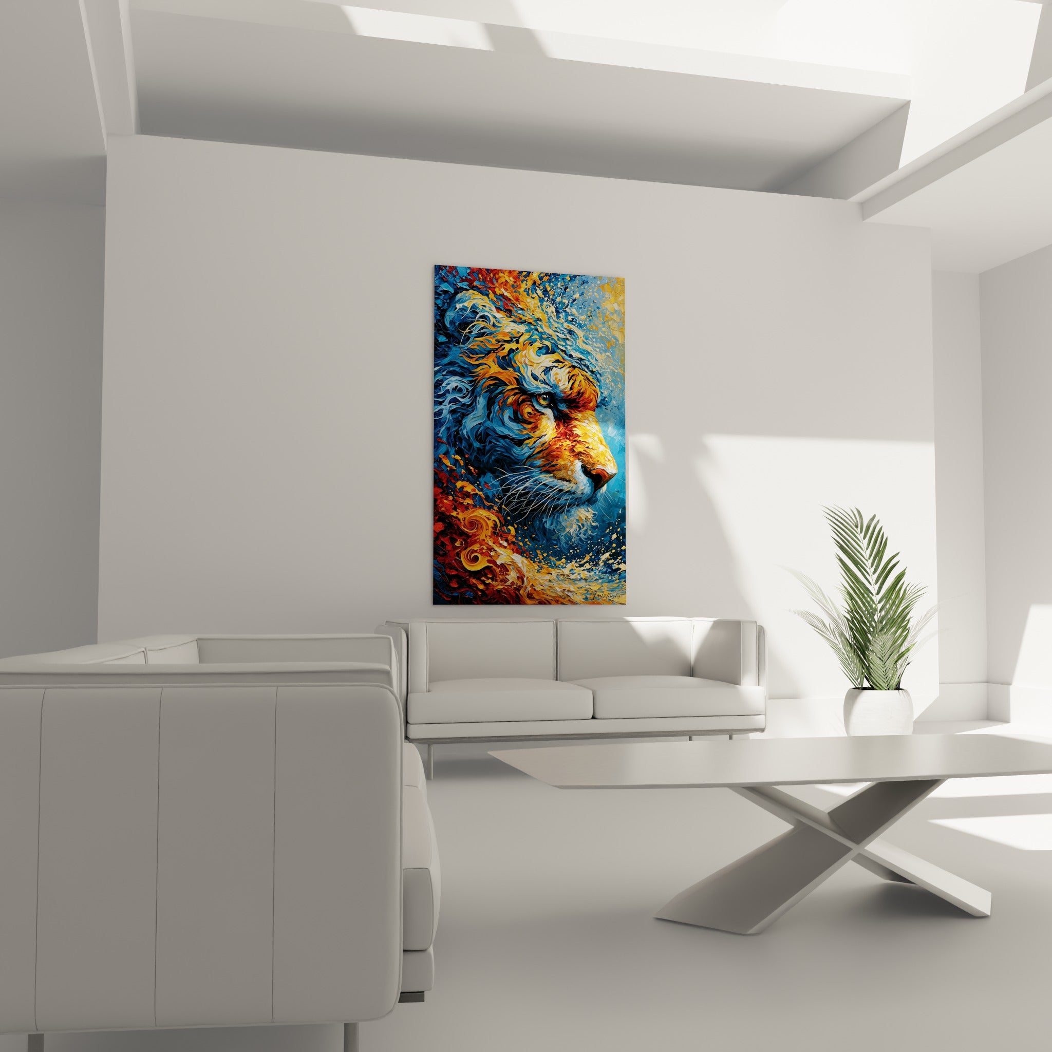 Fauve bleu profond et orange incandescent aux empâtements marqués, au-dessus d'un canapé dans un salon lumineux