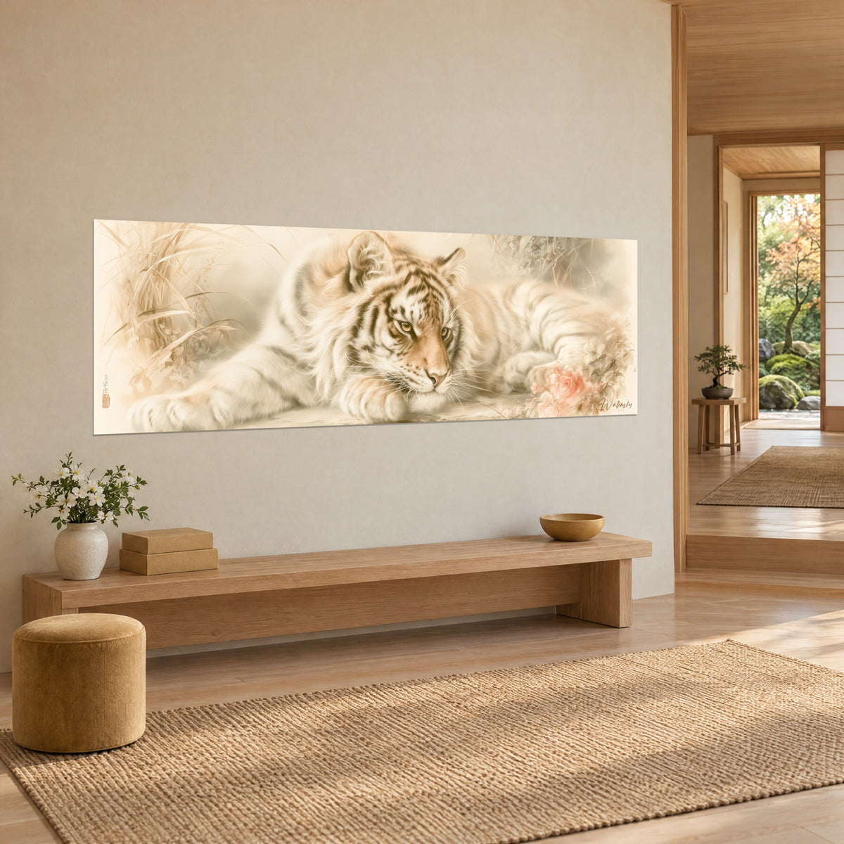 Quadro felino disteso, muso ocra appoggiato sulla zampa, erbe secche beige, visto di tre quarti in un interno japandi