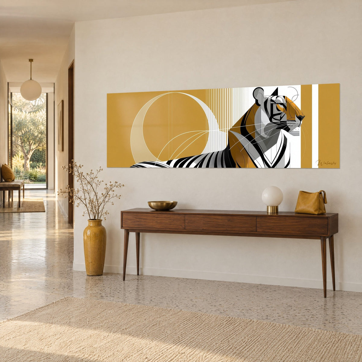 Wall art graphic tiger with black and white stripes on ochre yellow background, geometric circles, wooden console, 1950s house