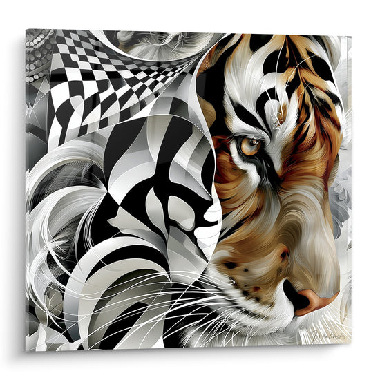 Tigre fauve et damiers noir blanc en fusion graphique sur toile murale