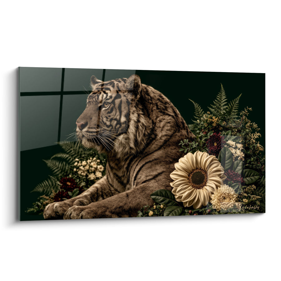 Tableau Tigre couché fond vert émeraude fleuri - Havre secret - Edition Tigre