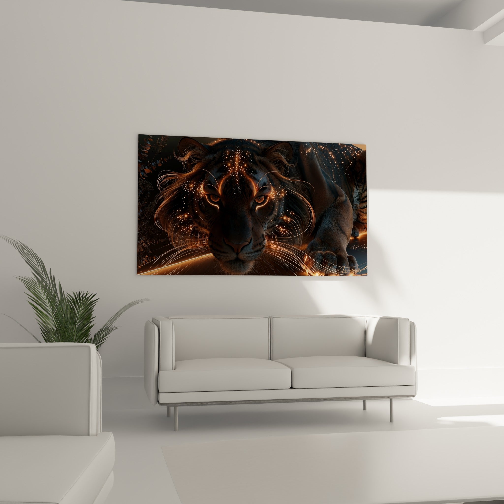 Regard félin doré sur fond sombre, tableau Tigre au-dessus d'un canapé dans un salon lumineux